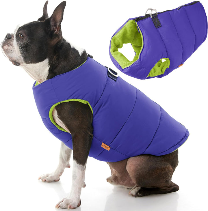 Gooby - Padded Vest Solid, Dog Jacket Coat Sweater with Zipper Closure and Leash Ring, Solid Purple,