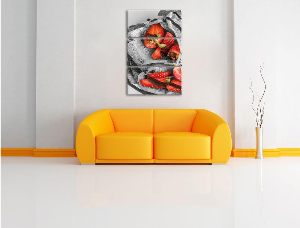 Pixxprint leckere Crepes mit Erdbeeren und Schokoglasur schwarz/weiss 3-Teiler Leinwandbild 120x80 B