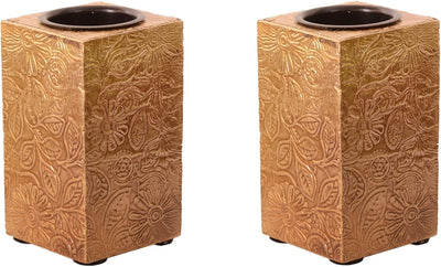 Purpledip Wooden T Light Candle Holders with Brass Sheet Cover (Set of 2) Golden, Indian Souvenir, D