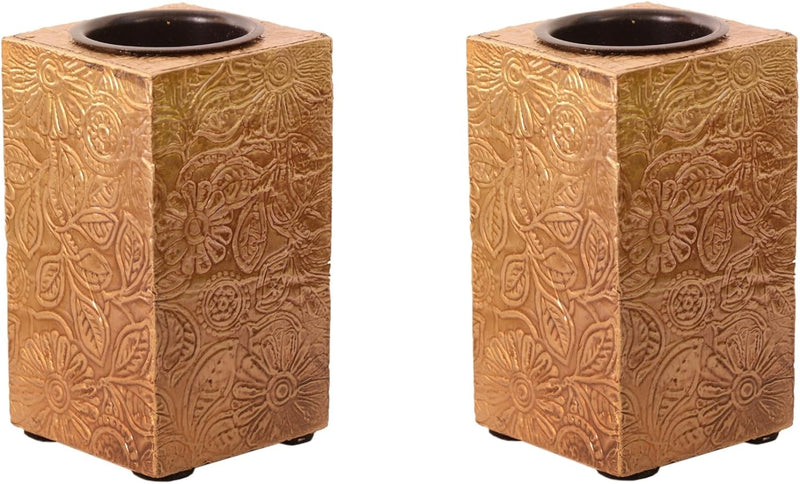 Purpledip Wooden T Light Candle Holders with Brass Sheet Cover (Set of 2) Golden, Indian Souvenir, D