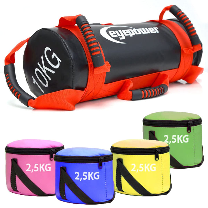 EYEPOWER 10kg Power Bag + 4 Kettlebell Gewichte - Befüllt mit Eisensand - Besser als Geräte: 6 Griff