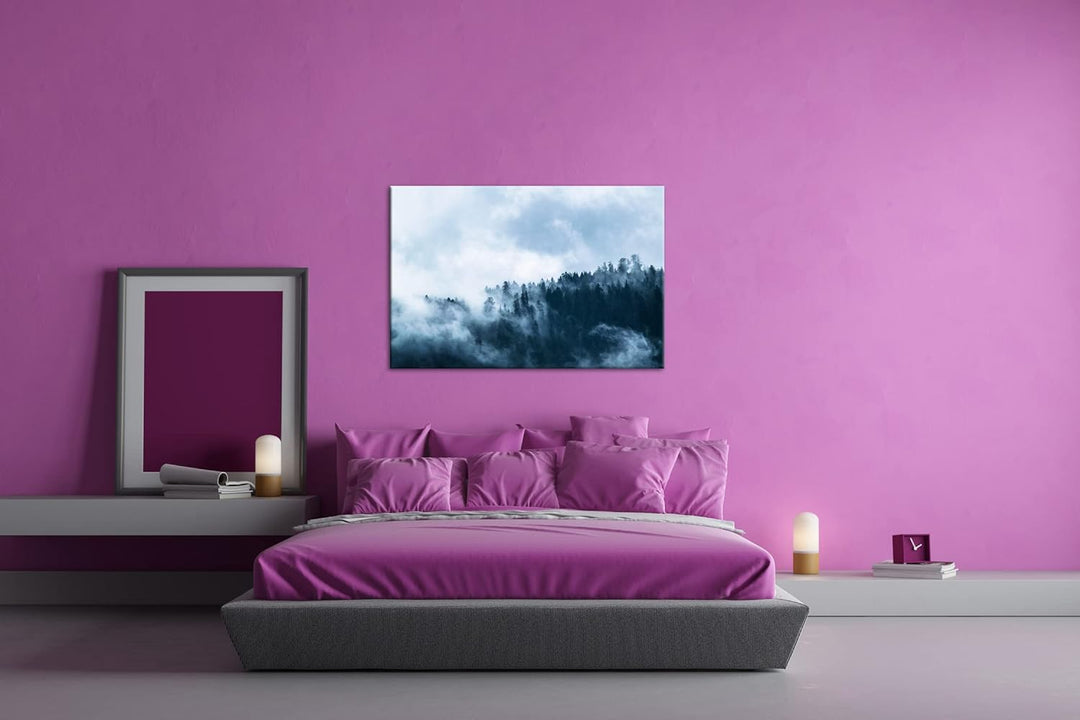 Atemberaubender Nebel im Wald Format: 100x70 als Leinwandbild, Motiv fertig gerahmt auf Echtholzrahm