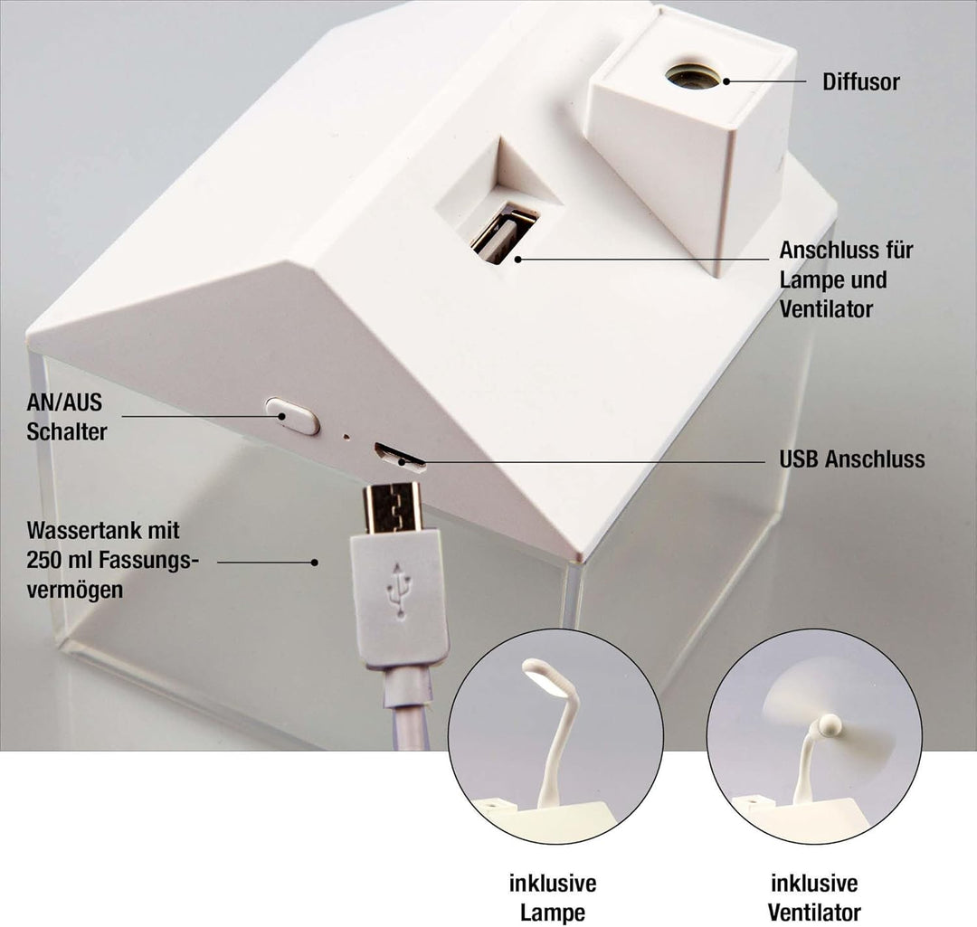 Hellum Luftbefeuchter dekorativ, tragbar in weiss, Diffuser in Form eines Haus 8,4x9,5cm gross, süss