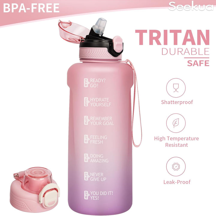 Seekua Sport Tritan Trinkflasche 0.6l / 1l / 2l mit Strohhalm & Zeitmarkierung, Grosse Wasserflasche