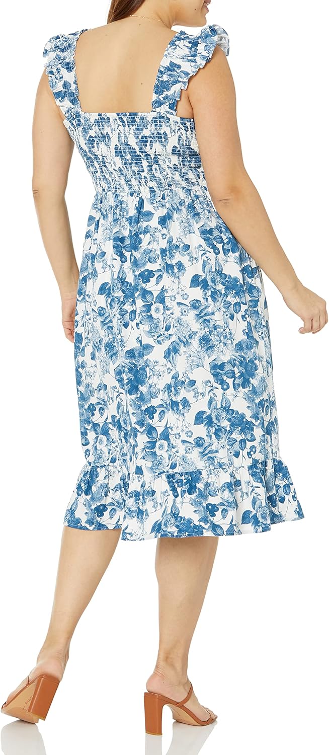 The Drop Damen Kimi Gesmoktes Midikleid mit Gerüschter Schulter Dresses 4XL Grosse Grössen Blaues Bl