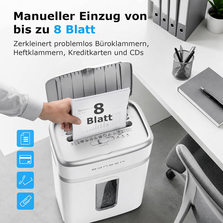 BONSEN Aktenvernichter mit 100 Blatt Auto-Feed, P-4 Mikroschnitt Schredder 100sheets+White-Silver, 1