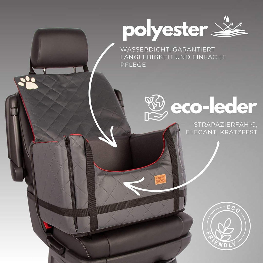Golden Dog - Transportbox Hund mit Sicherheitsgurt L-65x53x27 cm - Leder Imitation Autositz Hund, Wa