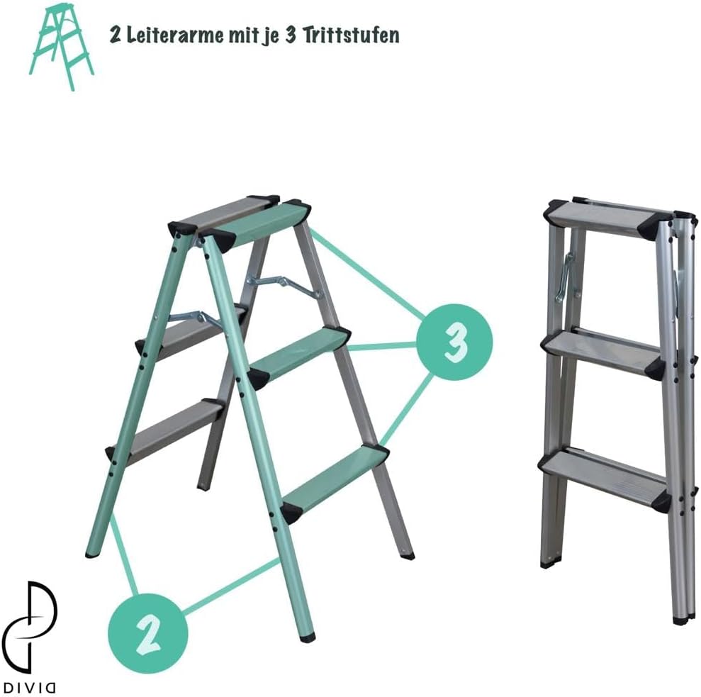 DIVID® Aluminum Klappleiter 2x3, 2x4 oder 2x5 Stufen | Trittleiter | Klappleiter | Mehrzweckleiter |