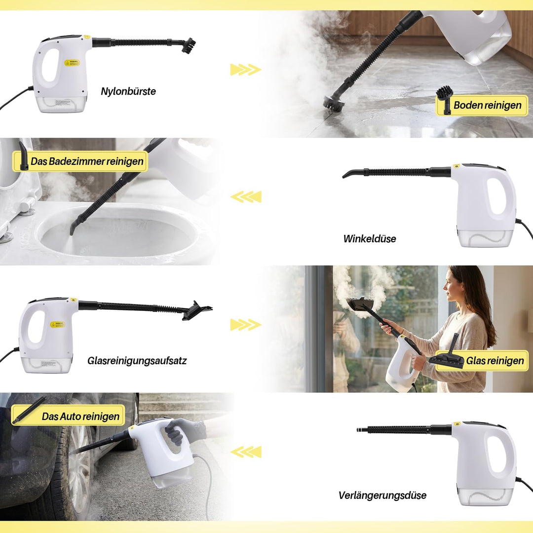Dampfreiniger Handgerät 1200W, 500ml Handdampfreiniger mit 10 Zubehörteilen, 3 Dampfstufen, 20s Aufh