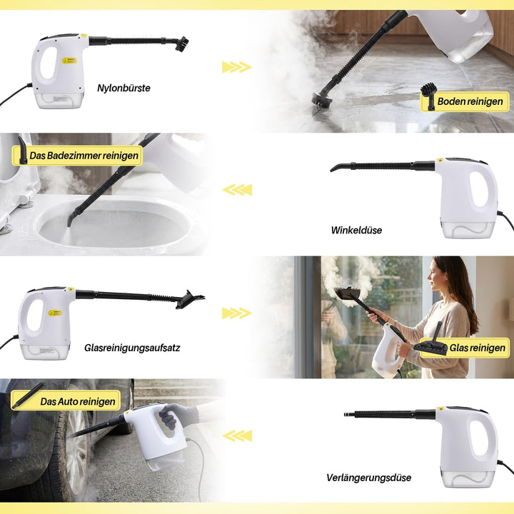 Dampfreiniger Handgerät 1200W, 500ml Handdampfreiniger mit 10 Zubehörteilen, 3 Dampfstufen, 20s Aufh