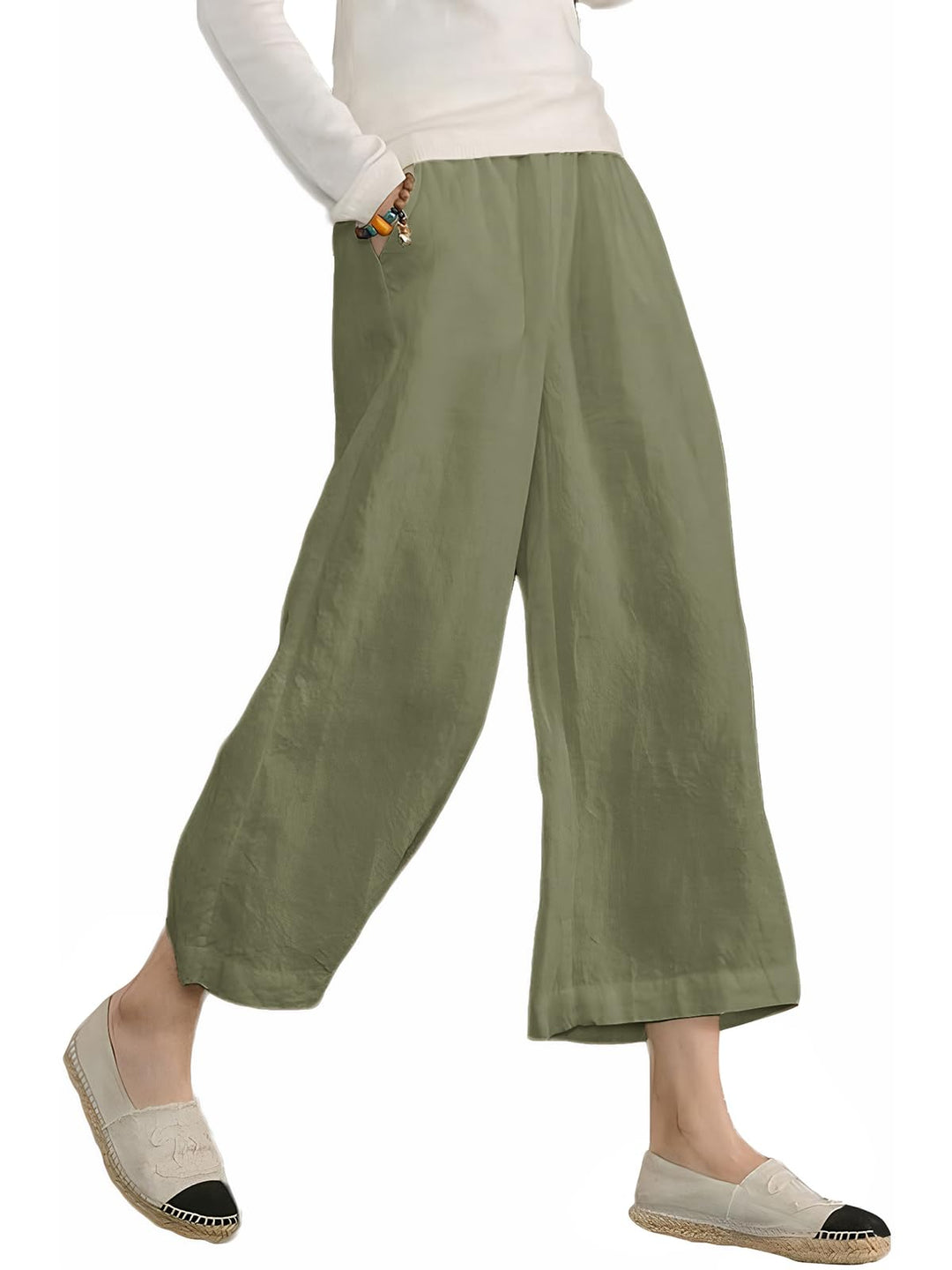 Ecupper Capris Hose Damen Sommer Übergrösse Baumwolle Lässig Hose Stoffhose Weitehosen, Armeegrün