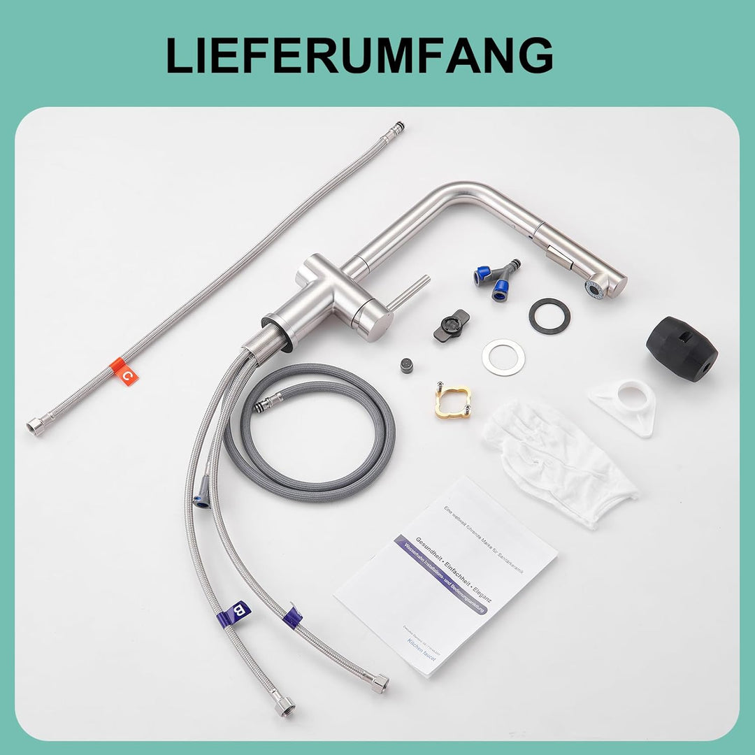 BONADE Niederdruck Armatur Küche Ausziehbar, Wasserhahn Küche Niederdruck mit Brause Zwei Wasserstra