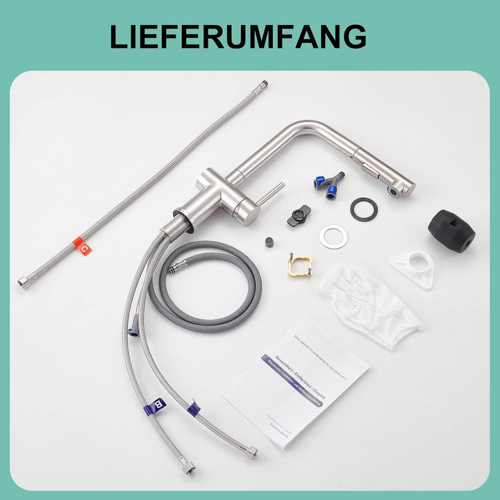 BONADE Niederdruck Armatur Küche Ausziehbar, Wasserhahn Küche Niederdruck mit Brause Zwei Wasserstra