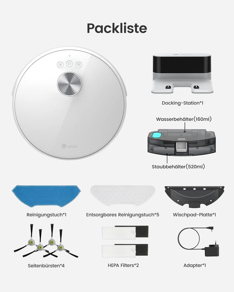 LEFANT Saugroboter mit Wischfunktion M1, 4000Pa Saugleistung Staubsauger Roboter 200min Laufzeit, Me