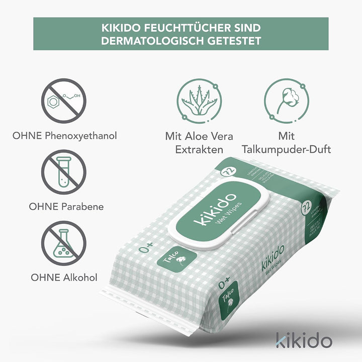 Kikido Babytücher - 864 Feuchttücher Baby mit Talkum und Aloe Vera - Sanfte Tiefenreinigung, Dermato