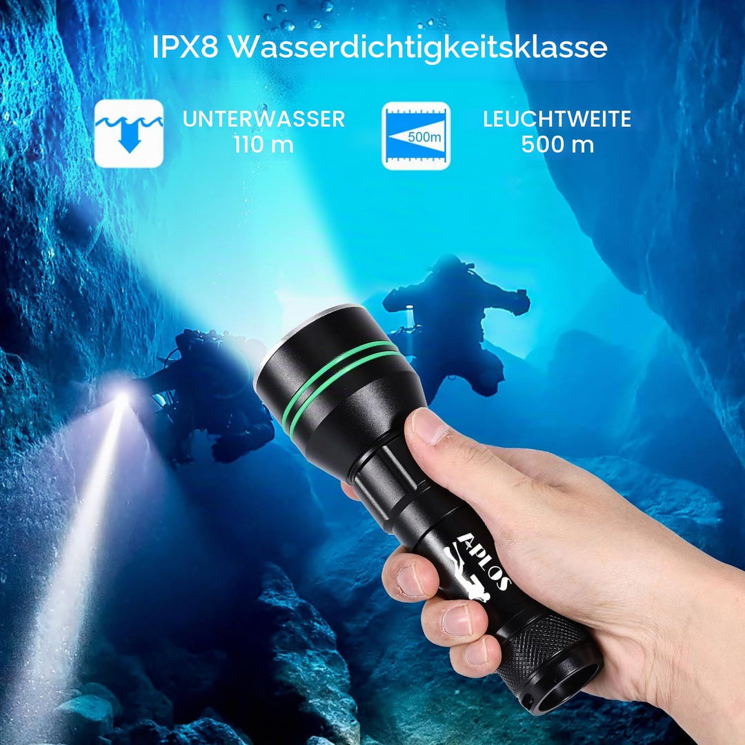 APLOS AP50 Tauchen Taschenlampe 5000 Lumens, Superhelle Professionelle Tauchlampe, IPX8 Wasserdicht
