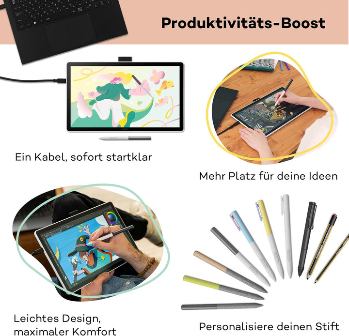 Wacom One 14 Grafiktablett mit Display – 14,0″ Full HD Zeichentablett mit Stift ohne Batterie, entsp