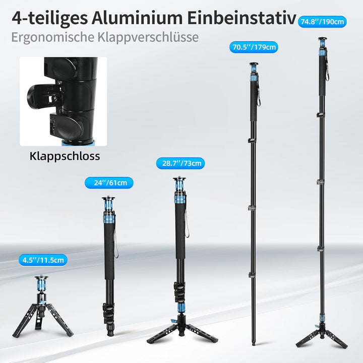 SIRUI AM-404FL Kamera Wanderstock Einbeinstativ Monopod mit Standfuss,190 cm Aluminium Stativ, innov