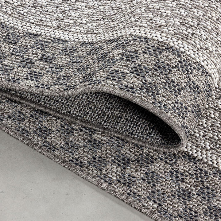 In- & Outdoor Teppich Robuster, Ethno Look Bordüre Muster, Rechteckig, Grau und Creme Farbe, Wetterf