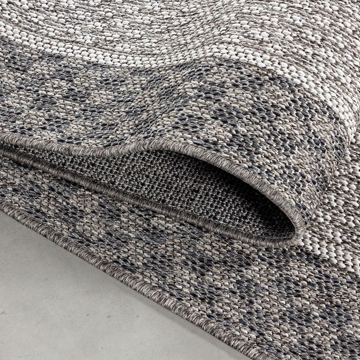 In- &amp; Outdoor Läufer Teppich Robuster, Ethno Look Bordüre Muster, Rechteckig, Grau und Creme Farbe,