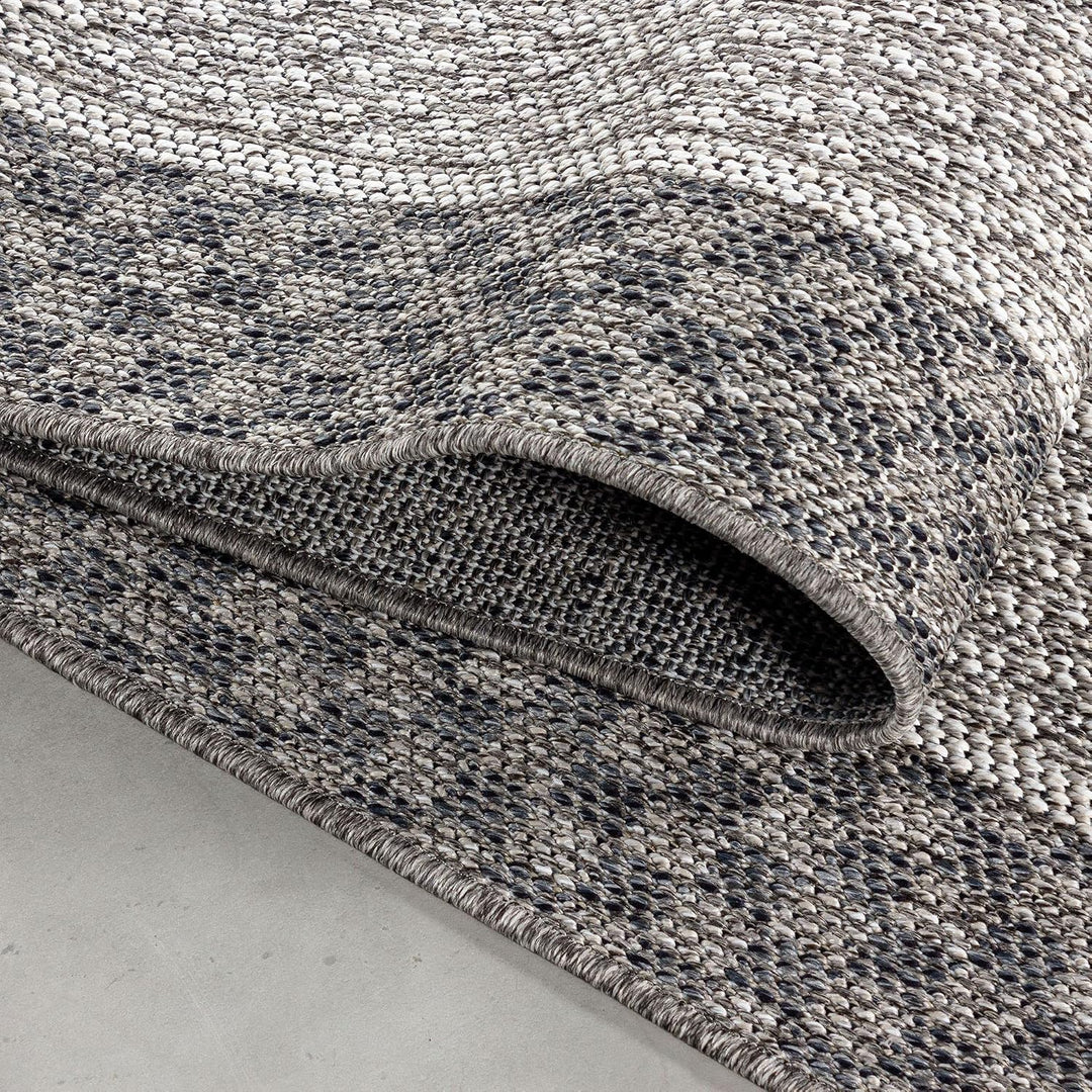 In- &amp; Outdoor Teppich Robuster, Ethno Look Bordüre Muster, Rechteckig, Grau und Creme Farbe, Wetterf