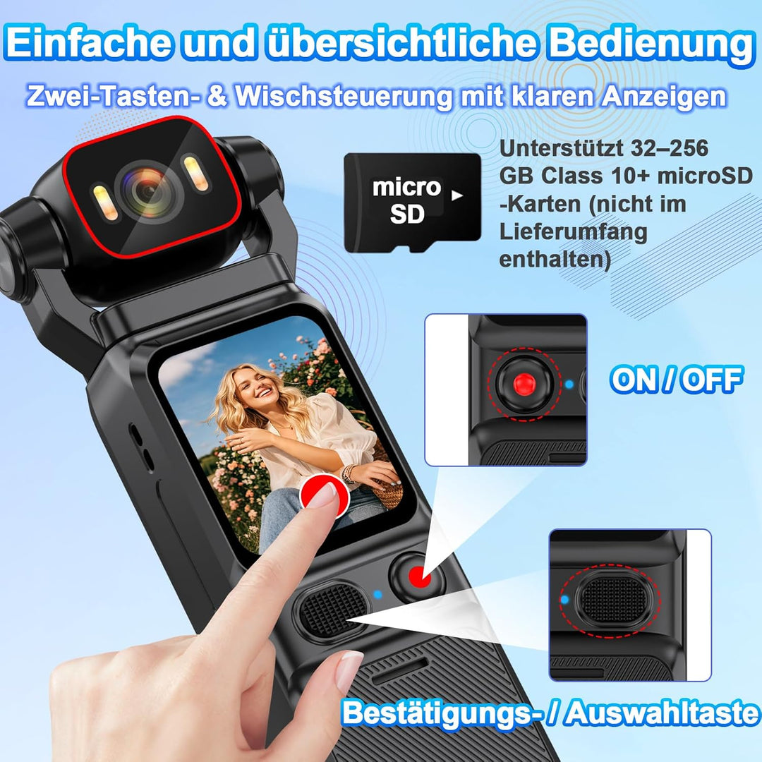 Action Cam 4K, 6-Achsen-Stabilisierung Videokamera Vlog, Live-View-Display Vlog Kamera WLAN, 160° We