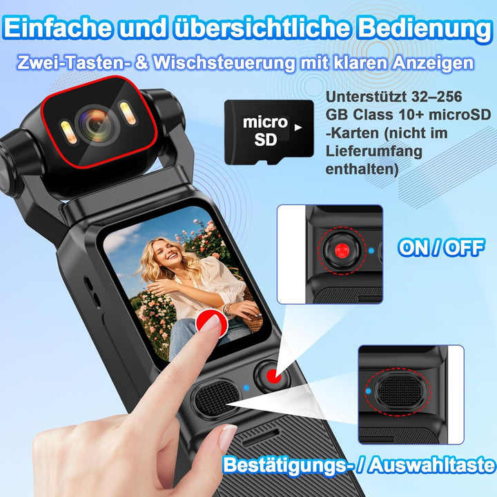 Action Cam 4K, 6-Achsen-Stabilisierung Videokamera Vlog, Live-View-Display Vlog Kamera WLAN, 160° We