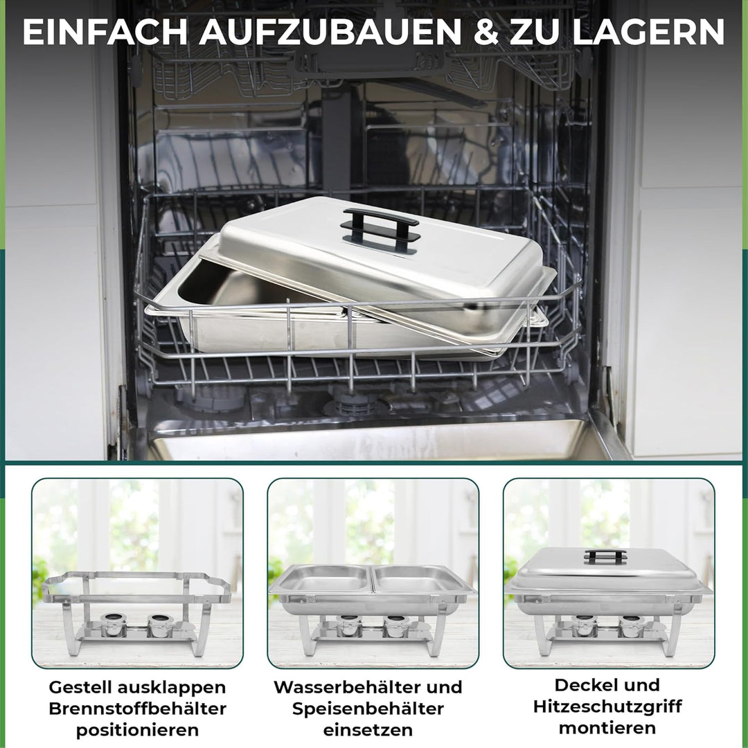 Set mit 4 Speisenwärmern LEUTHERIA - Chafing Dish aus lebensmittelechtem Edelstahl für Buffet/Profes