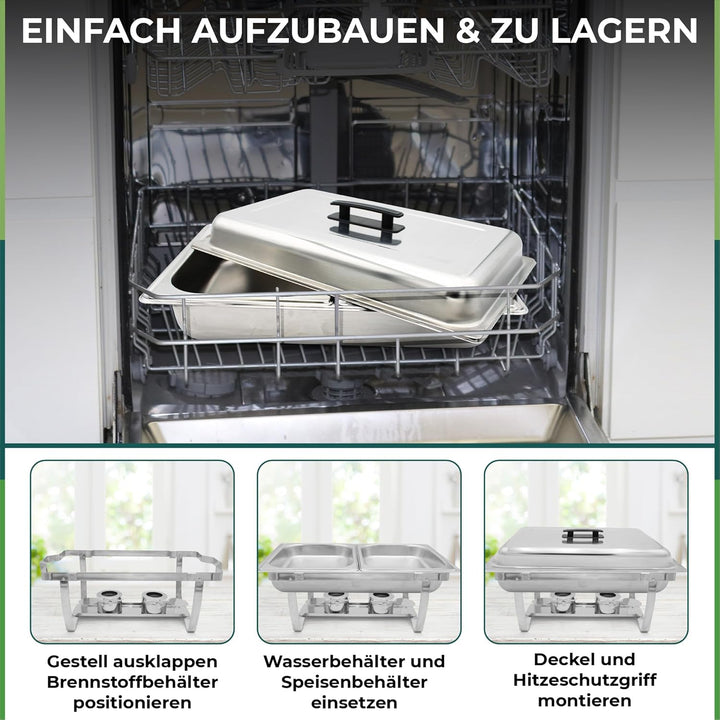 Set mit 4 Speisenwärmern LEUTHERIA - Chafing Dish aus lebensmittelechtem Edelstahl für Buffet/Profes
