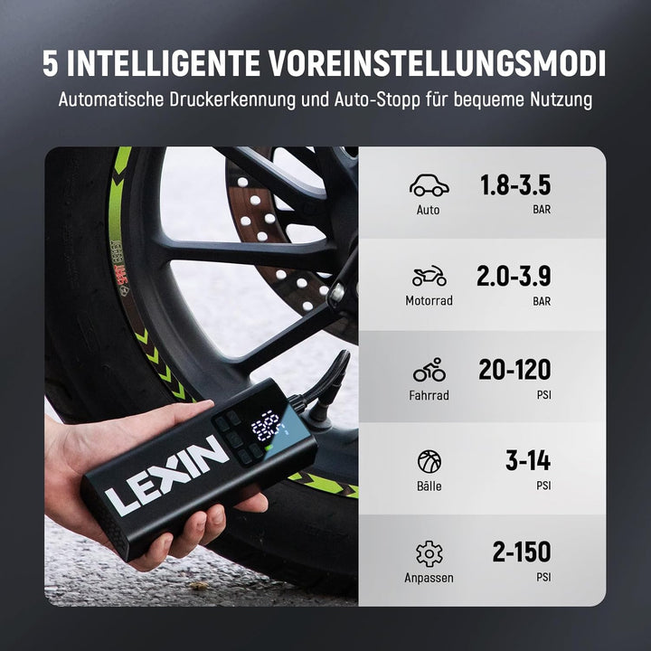 LEXIN P5 Elektrische Luftpumpe, Akku Kompressor 5000 mAh, 10,3 Bar Tragbare Reifenpumpe für Fahrrad,
