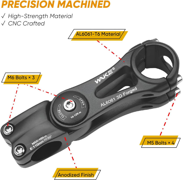 BESNIN Einstellbarer Fahrradstiel 0-90 Grad Universal 25.4mm 31.8mm für Lenker 110mm/145mm Vorbau, E