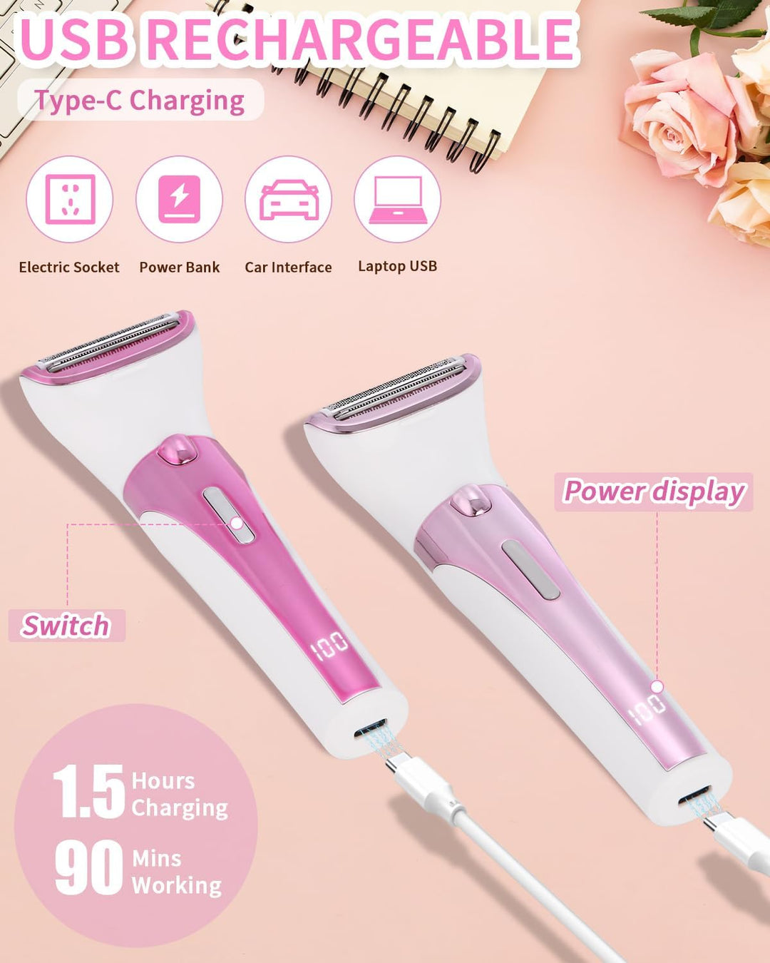 Rasierer Damen, 5-in-1 Epilierer Damen, Intimrasierer für Frauen, USB-Aufladung, Damenrasierer Elekt