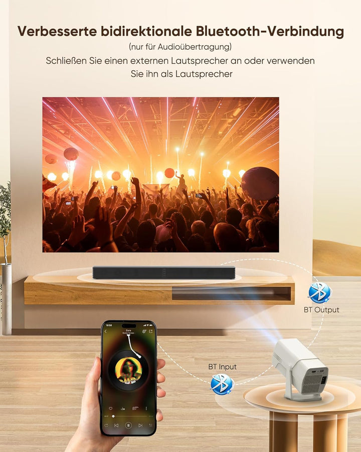 Mini Beamer Kompatibel mit Netflix 1080P Full HD, Integrierte Apps, WiFi & Bluetooth, Elektrischer F