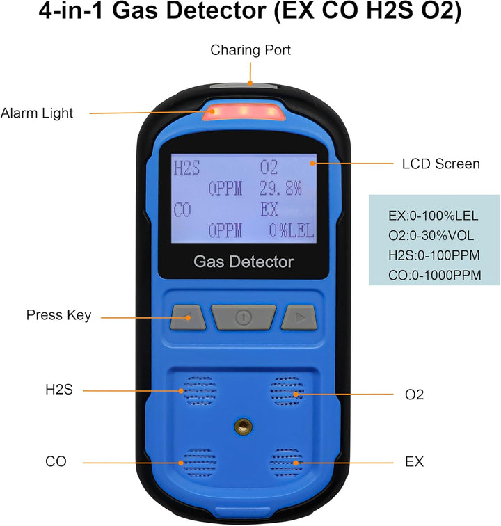 Gaslecksuchgerät für H2S CO O2 und LEL, tragbarer Multi-Gasmelder Gasdetektor mit akustischen, visue