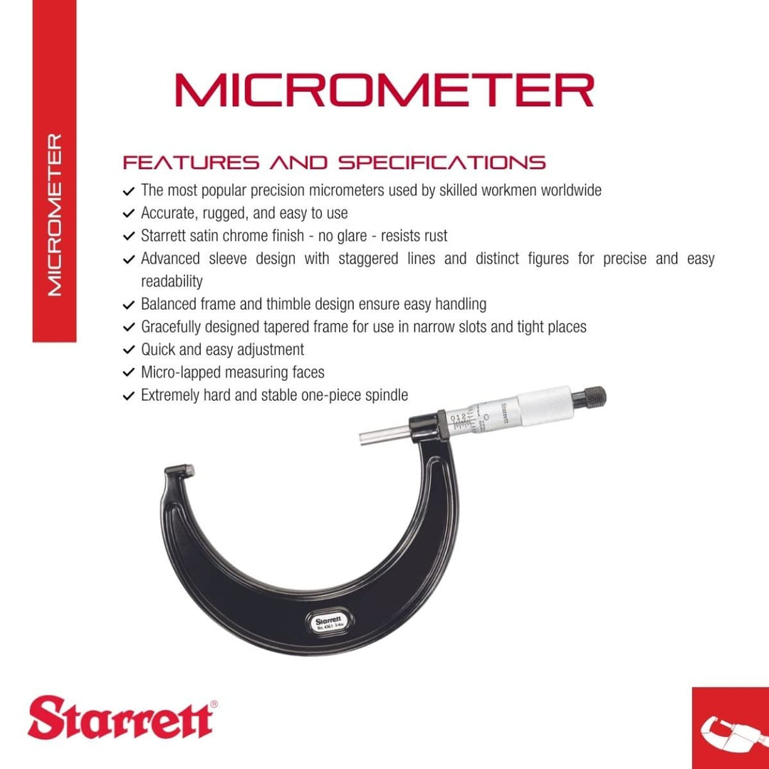Starrett T436.1XRL-2 Aussenmikrometer, Ratschenanschlag, Kontermutter, Hartmetallflächen, 1-2" Berei