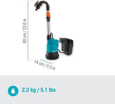 Gardena Akku-Regenfasspumpe 2000/2 18V P4A ohne Akku: Akku-Tauchpumpe mit integriertem Filter, Trock