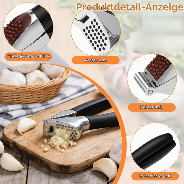 Knoblauchpresse Edelstahl,Premium Knoblauchpresse mit Sparschäler und Bürste,Garlic Press,Ingwerpres