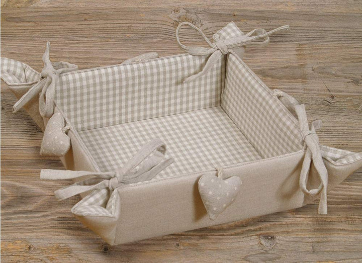 Brotkorb Stoff LINA 20x20 cm - Eckiger Brötchenkorb in beige mit Herzen & kariert - Nachhaltig aus 1