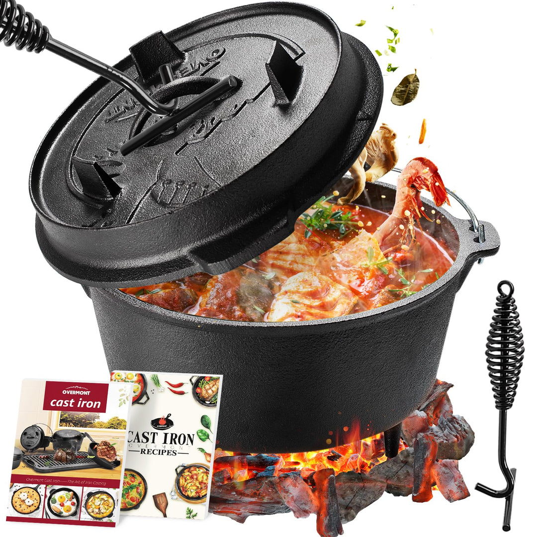 OVERMONT Dutch Oven Feuertopf Eingebrannter Gusseisen Kochtopf mit Füssen Doppelfunktion Deckel Deck