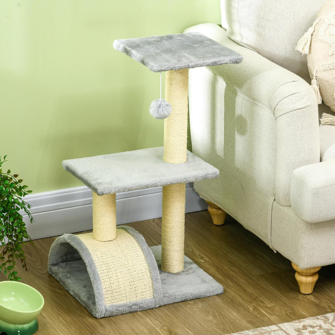 PawHut Kratzbaum 72 cm Katzenturm mit Plüschballen, Sisalstämme, Plattform, Kratzbrett mehrstöckiger