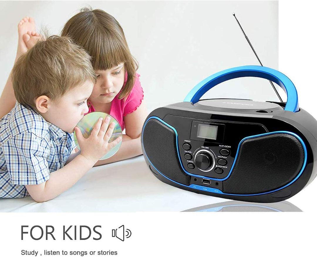 Tragbar CD Player Boombox Bluetooth - mit UKW Radio, USB Eingang & AUX & Kopfhörern Ports, 2 x 2 Wat