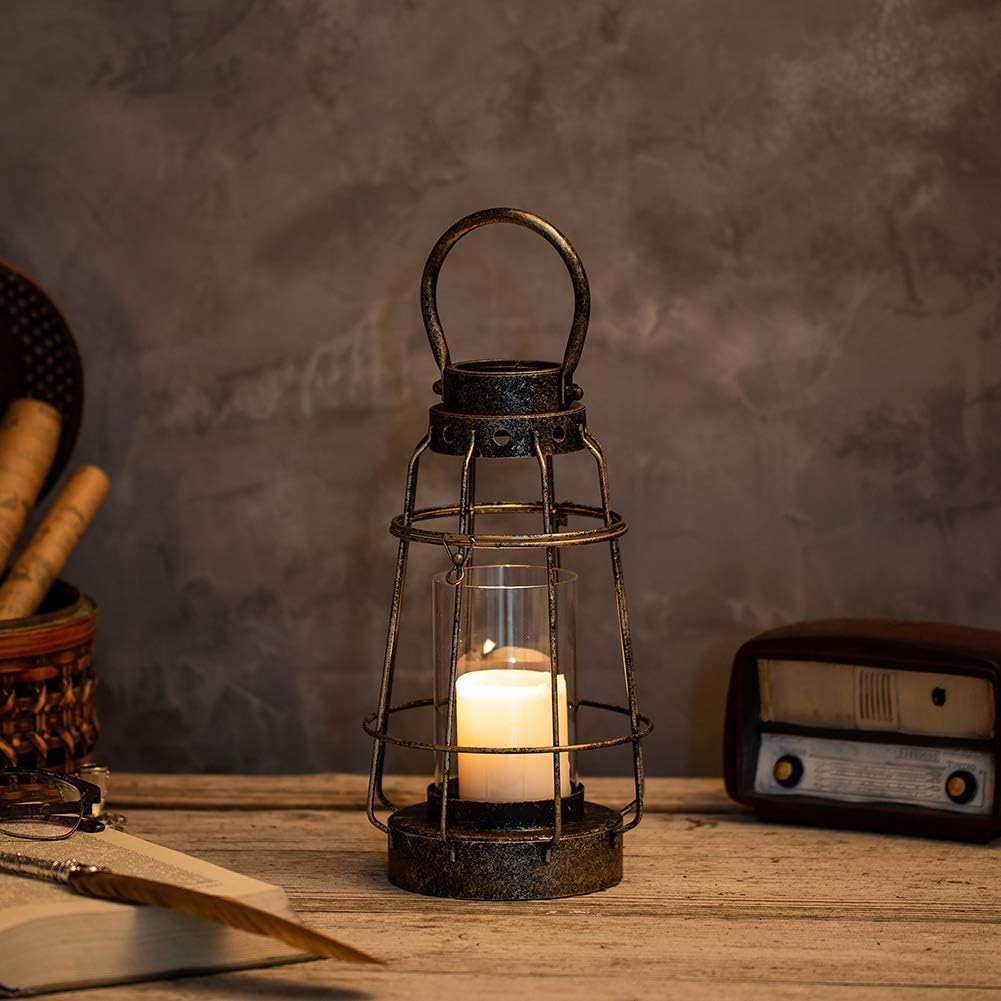 NUPTIO Vintage Kerzenlaternen Dekorativ mit Griff Rustikale Tragbare Säule Kerzenhalter mit Glas Sch