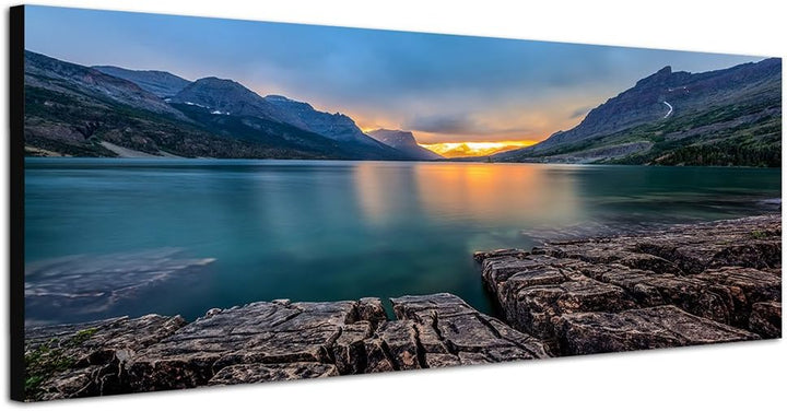 Paul Sinus Art Panoramabild auf Leinwand und Keilrahmen 150x50cm Nationalpark Felsen Berge See Sonne