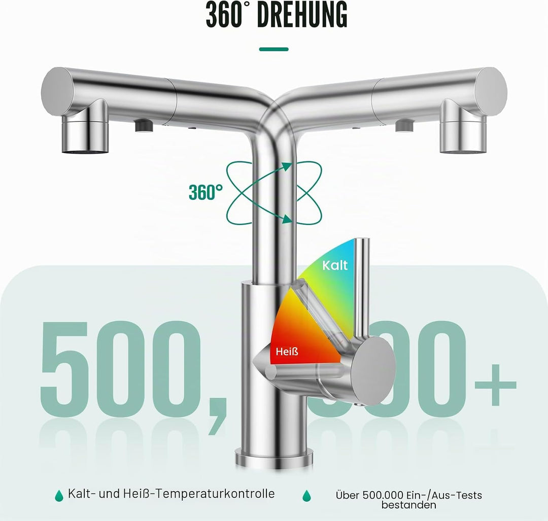 CREA Wasserhahn Küche mit 3 Funktionen Brause, Küchenarmatur mit Ausziehbarem Brause, Mischbatterie