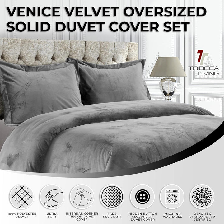Tribeca Living Veniceduvetqugr Venice Bettbezug-Set, Samt, Übergrösse, einfarbig, für Queen, Rauchgr