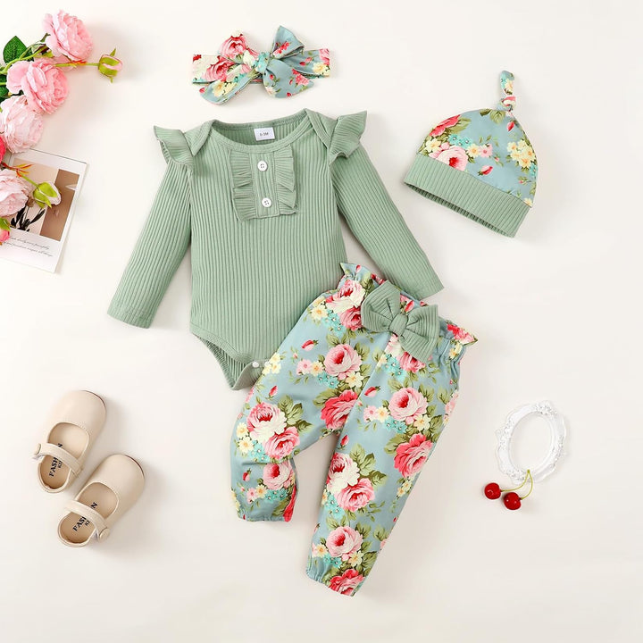 Neugeborenes Baby Mädchen Kleidung Kleinkind gerippt Ruffle lange Ärmel Strampler+ Floral Hosen+ Sti