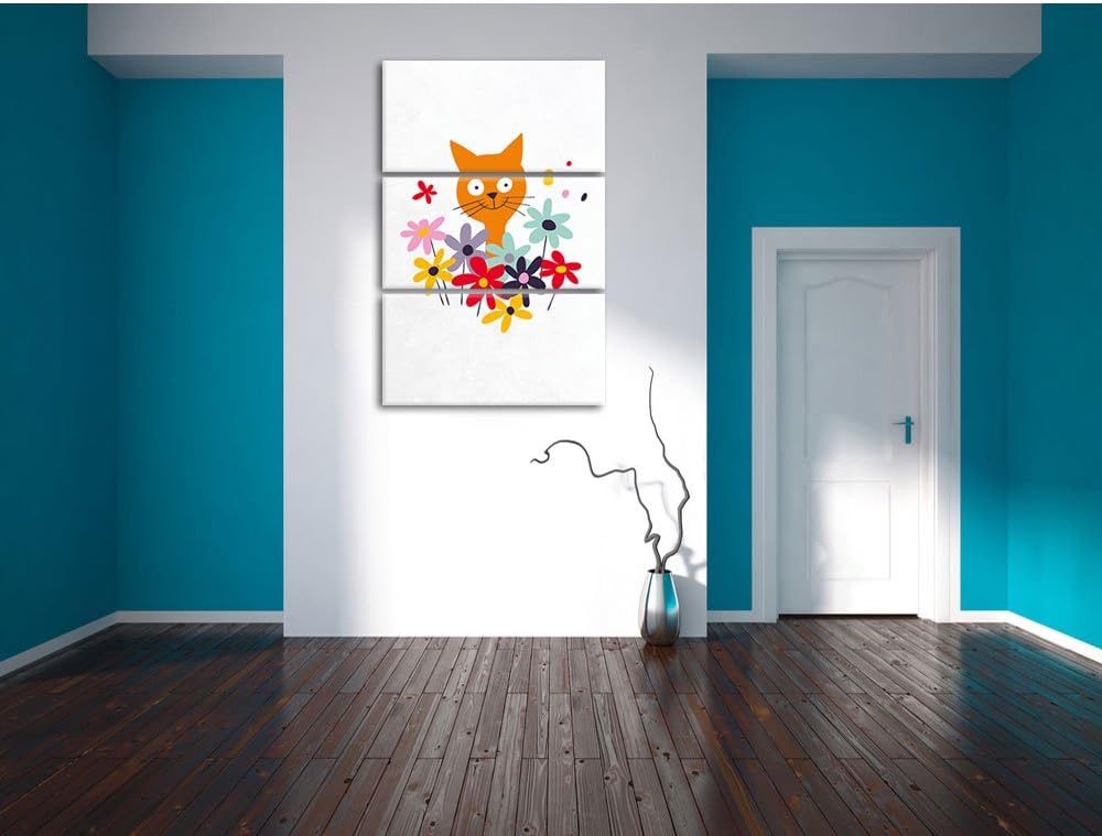 Pixxprint Fröhliche Katze mit Blumen als Leinwandbild/Grösse: 3 Teilig (120x80) cm/Wandbild/Kunstdru