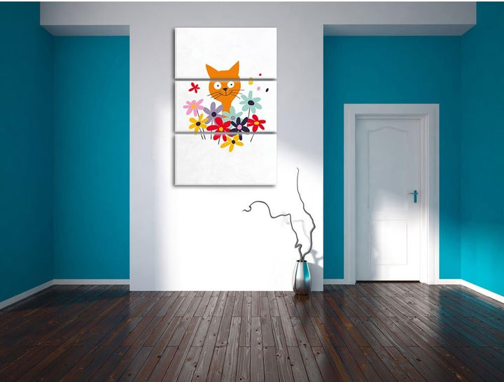 Pixxprint Fröhliche Katze mit Blumen als Leinwandbild/Grösse: 3 Teilig (120x80) cm/Wandbild/Kunstdru