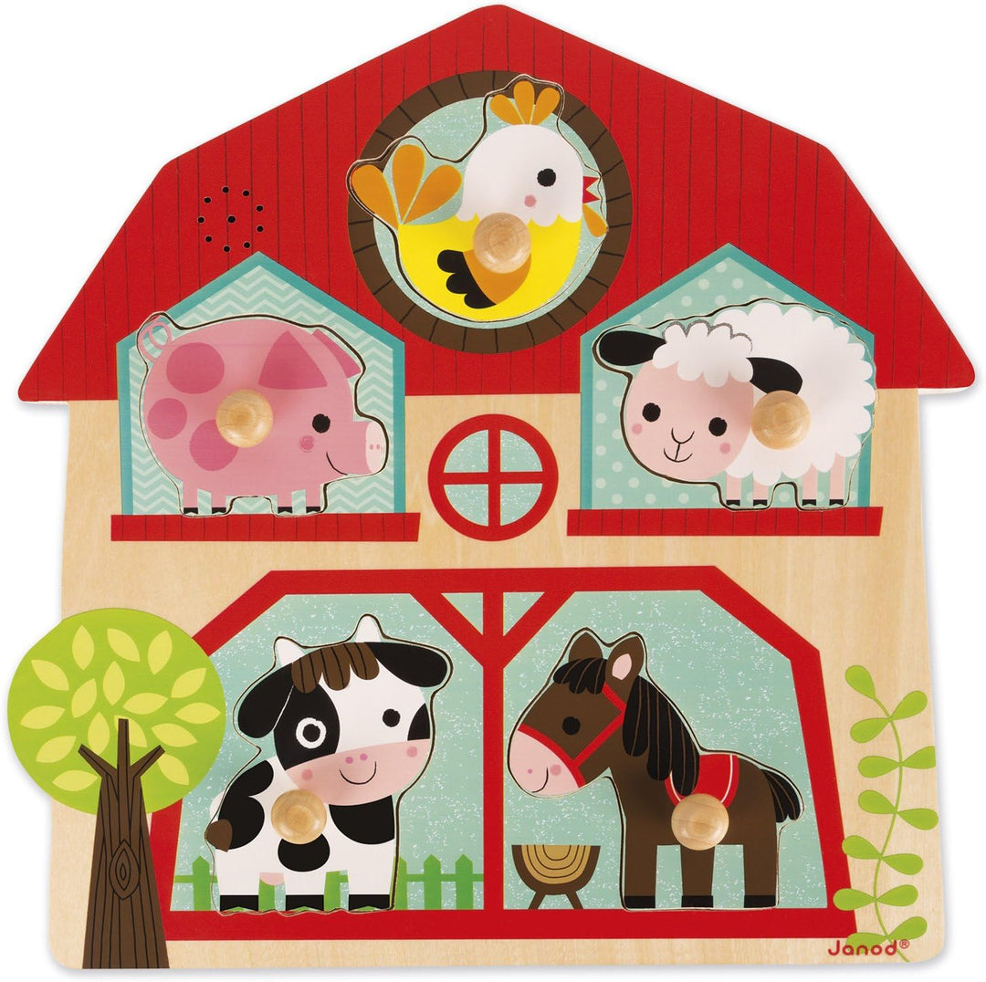 Janod J07079 - Musikpuzzle Bauernhof-Freunde 5 Teile, Bauernhof-Freunde