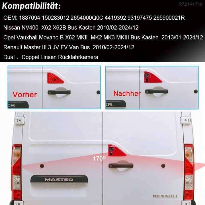 Dual Rückfahrkamera mit 3. Bremsleuchte, Doppel Linsen Rickfahrkamera für Nissan NV400 X62 X62B/Opel